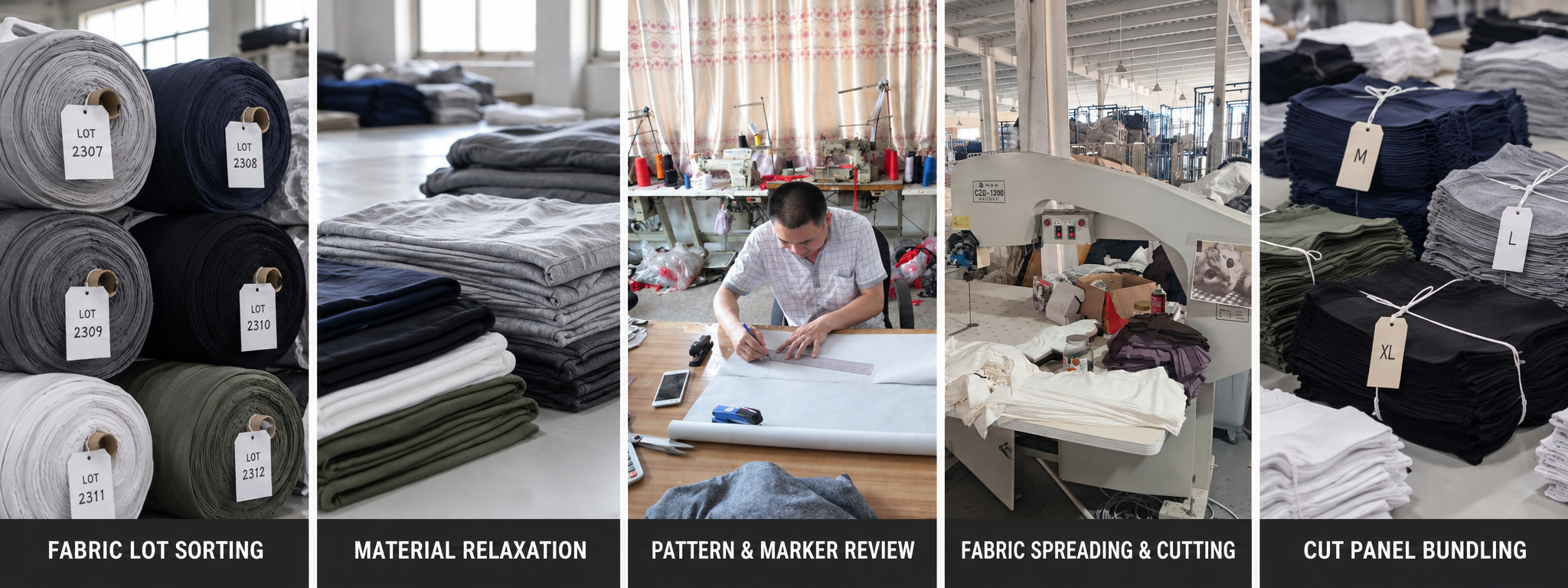 Fabric sorting, relaxation, pattern review, cutting and panel bundling