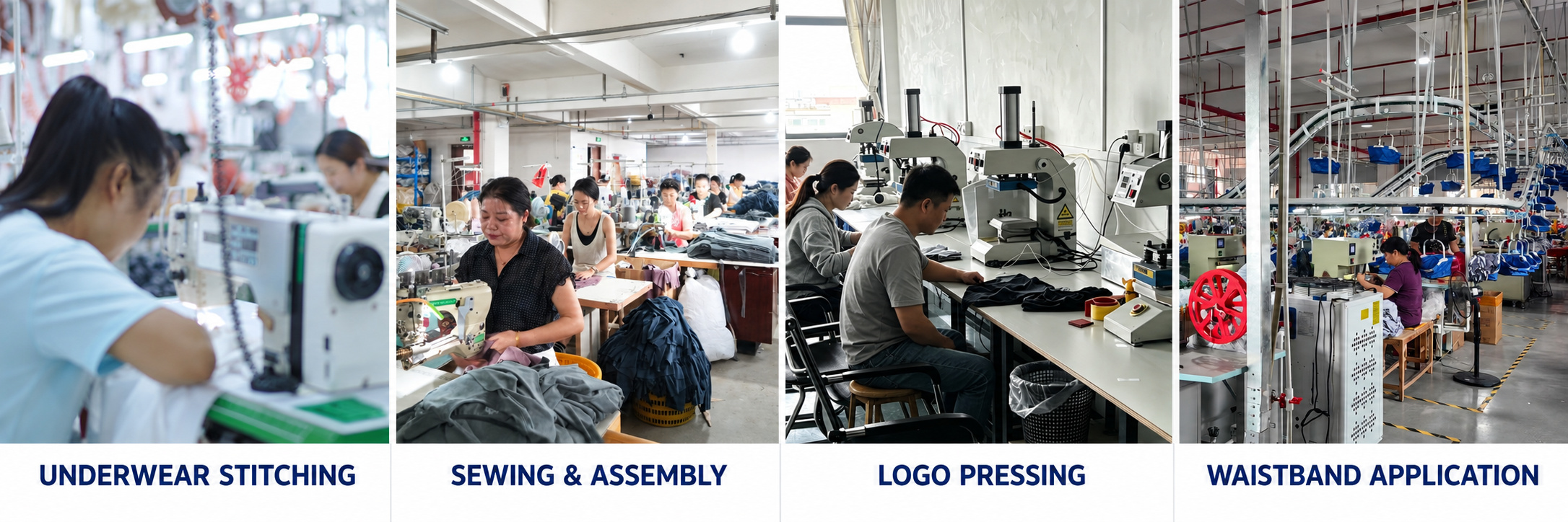 Men’s underwear stitching, sewing assembly, Logo pressing and waistband application