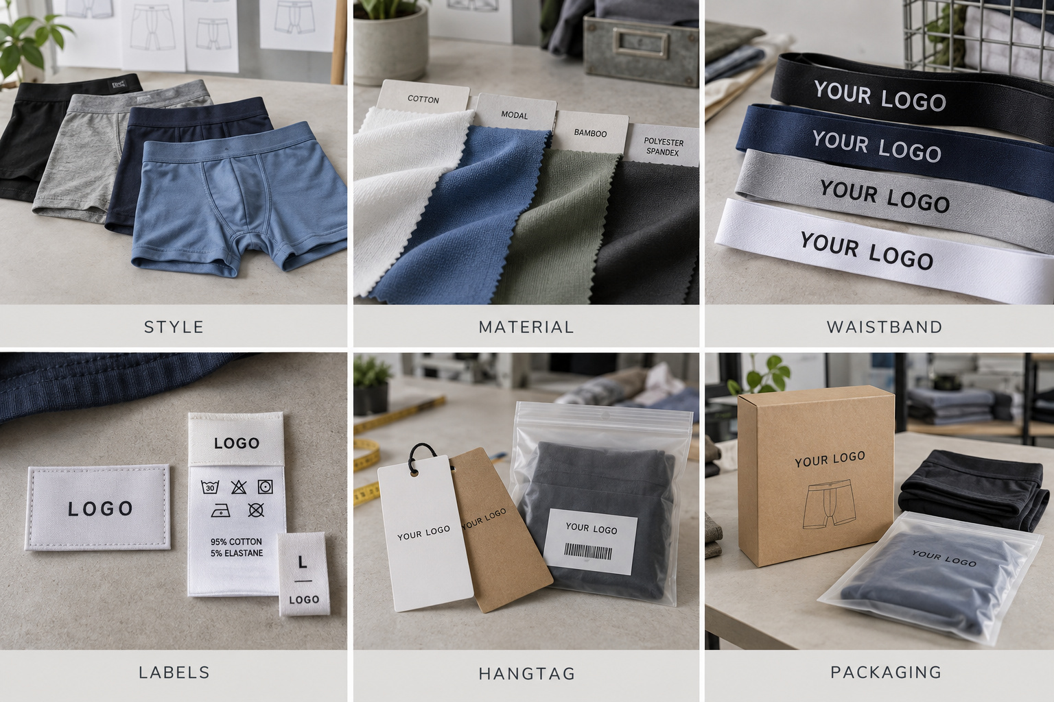 Private label men’s underwear styles, fabrics, logo waistbands, labels and packaging