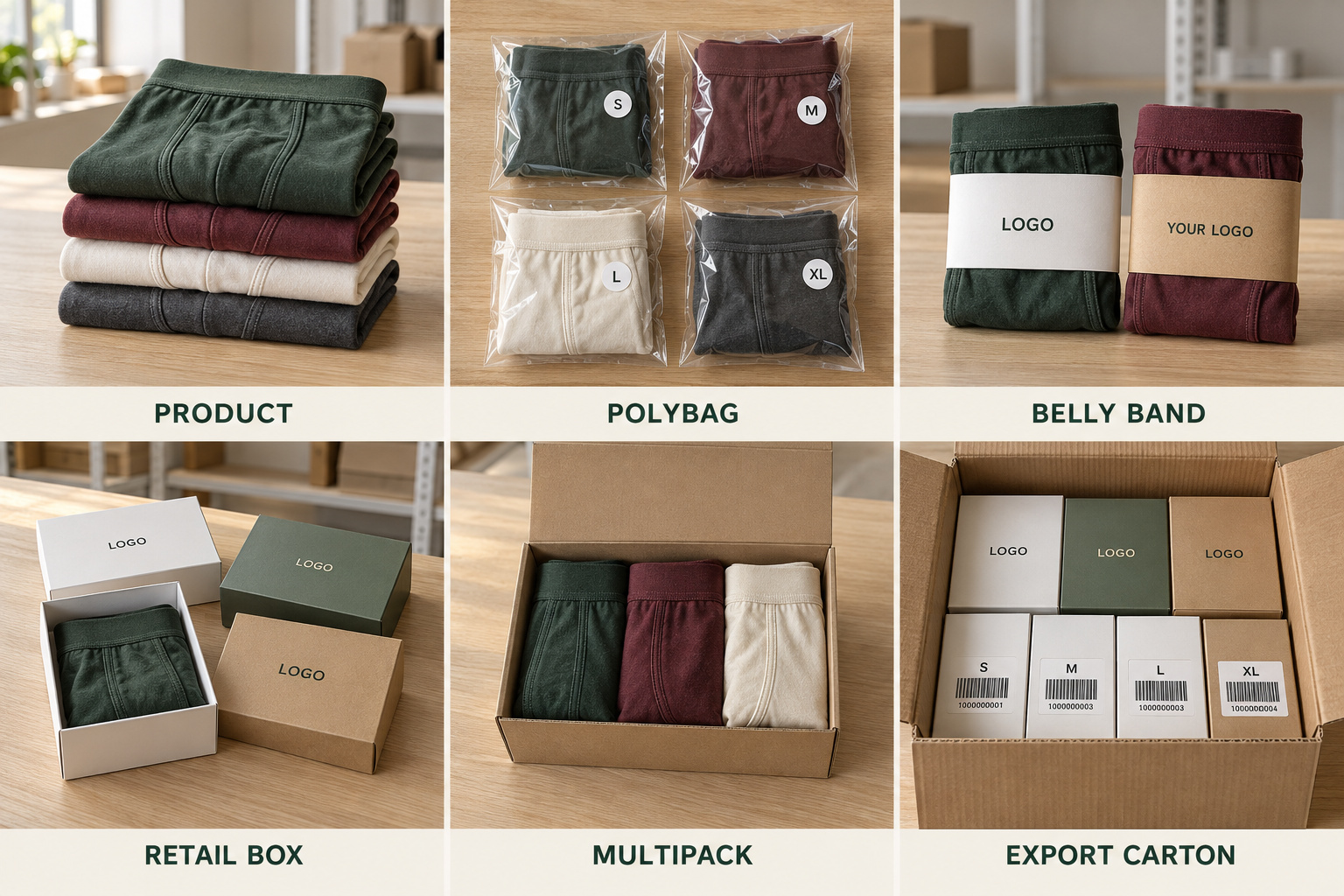 Private label underwear packaging with labeled packing options