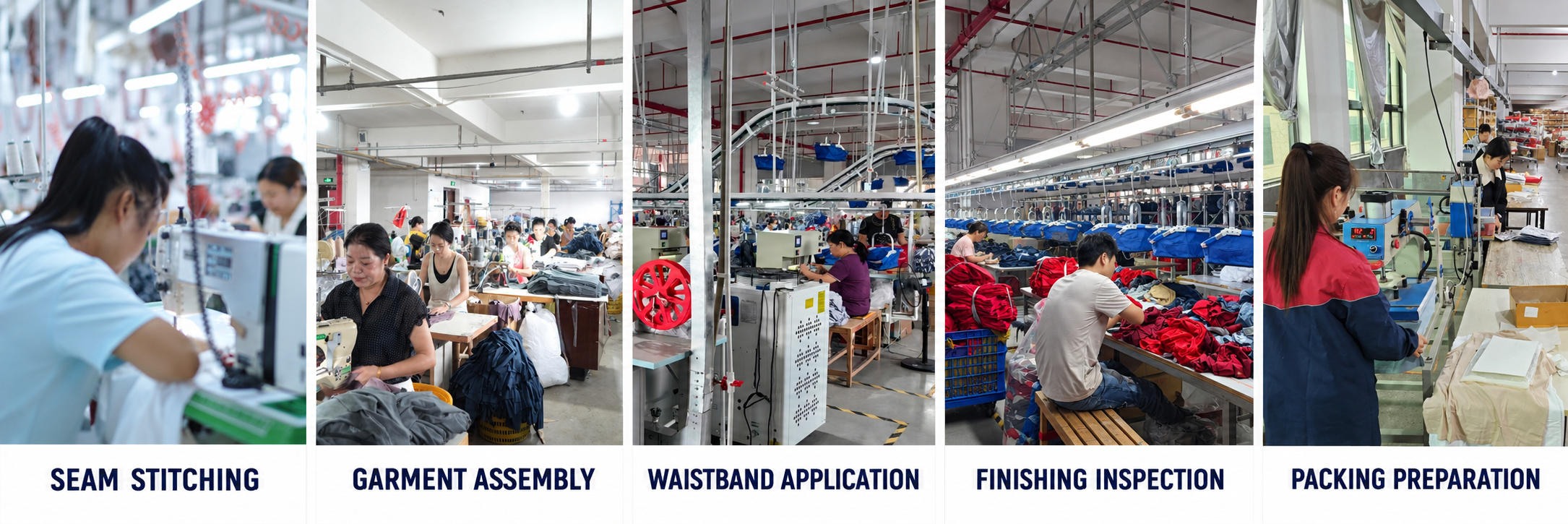 Underwear stitching, garment assembly, waistband application, inspection and packing